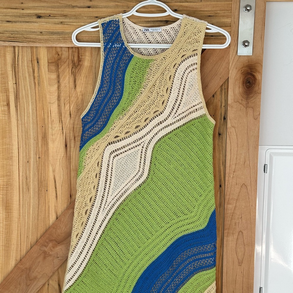 Zara Blue and Green Sleeveless Sheath Mini Dress